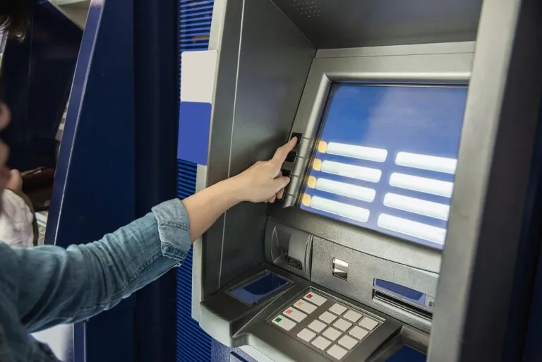 people waiting get money from automated teller machine people withdrawn money from atm concept